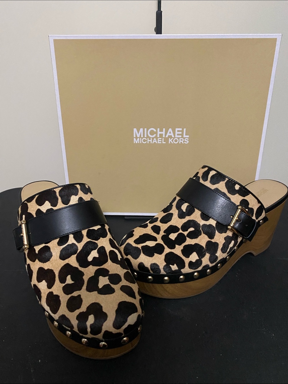 Michael Kors Leopard Print Clogs with Black Strap